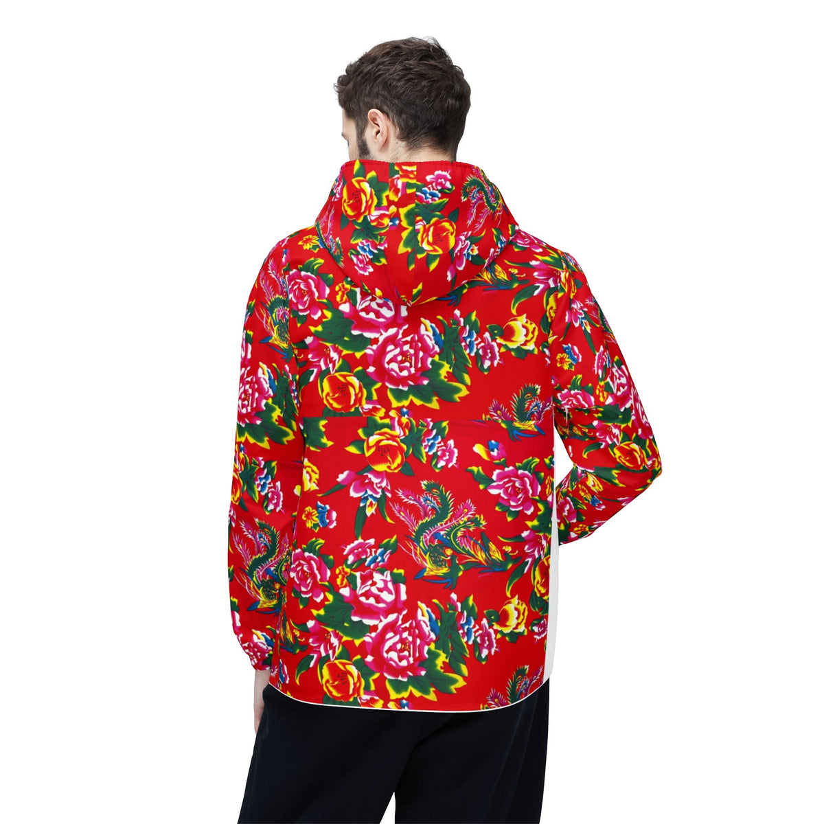Floral Red All-Over-Print Windbreaker Jacket — Vibrant Garden Print Hooded Windbreaker