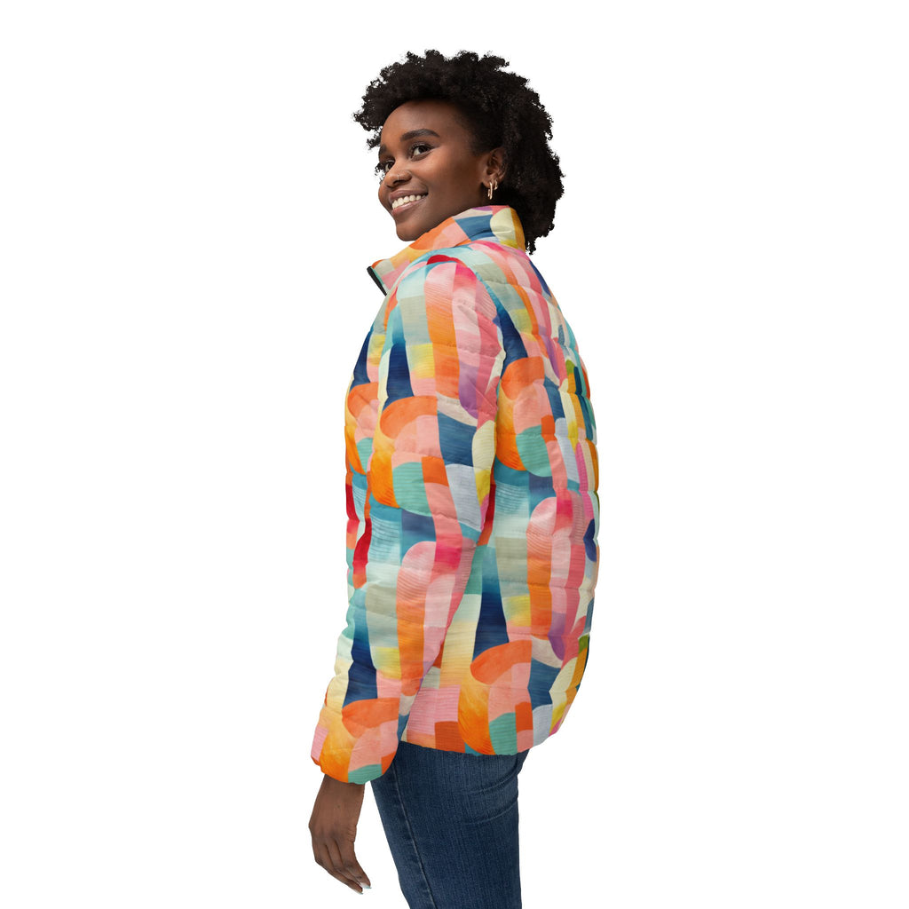 Colorful Abstract Patchwork All-Over Print Puffer Jacket