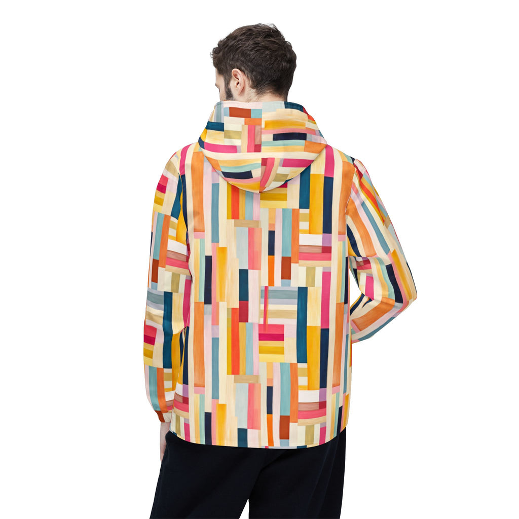 Colorblock Geometric Windbreaker Jacket — Abstract Stripe All-Over Print