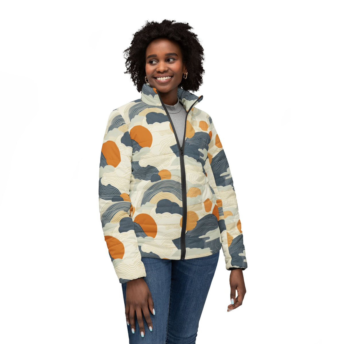 Abstract Cloud and Sun Pattern Puffer Jacket - All-Over Print
