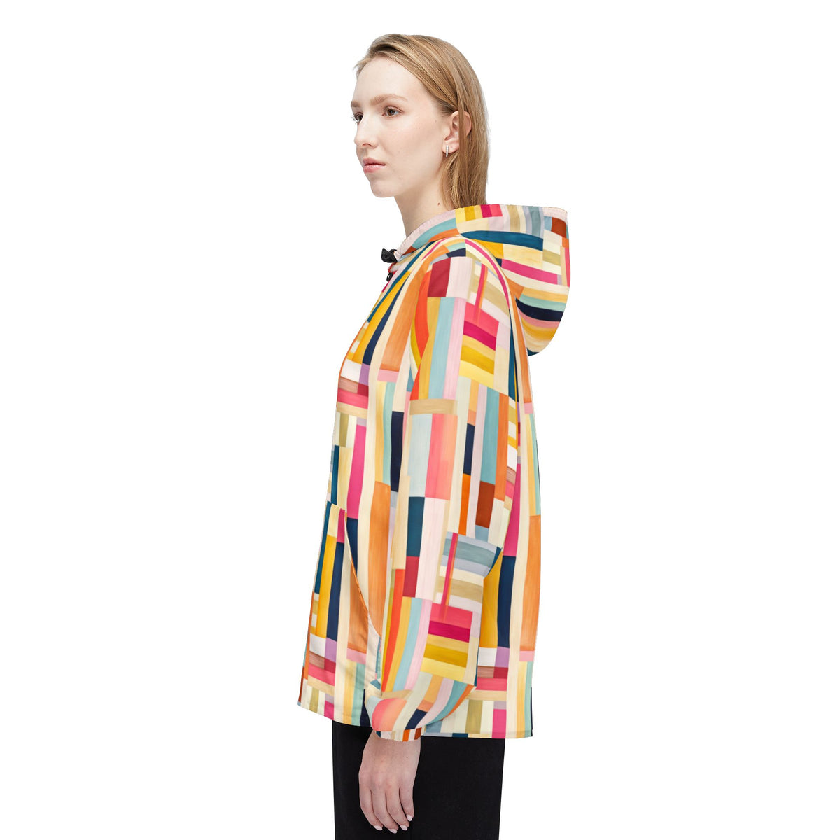 Colorblock Geometric Windbreaker Jacket — Abstract Stripe All-Over Print
