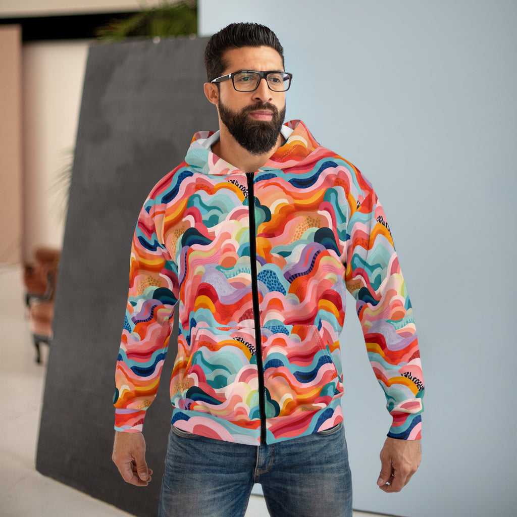Colorful Wave Zip Hoodie — All-Over Print Abstract Rainbow Hoodie