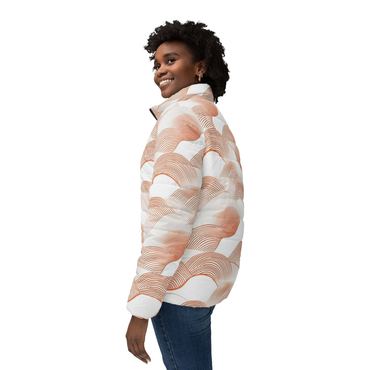 Abstract Peach Wave Pattern Puffer Jacket - All-Over Print