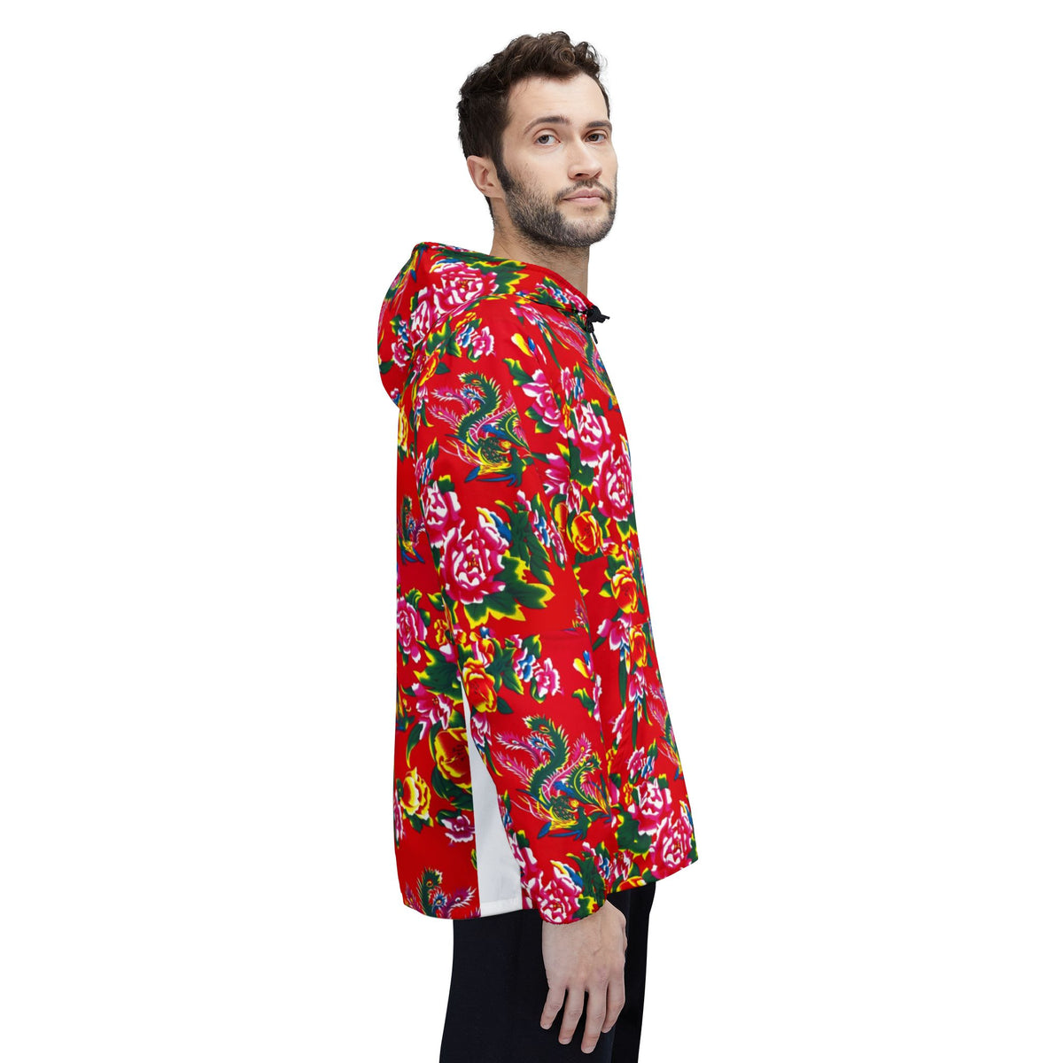 Floral Red All-Over-Print Windbreaker Jacket — Vibrant Garden Print Hooded Windbreaker