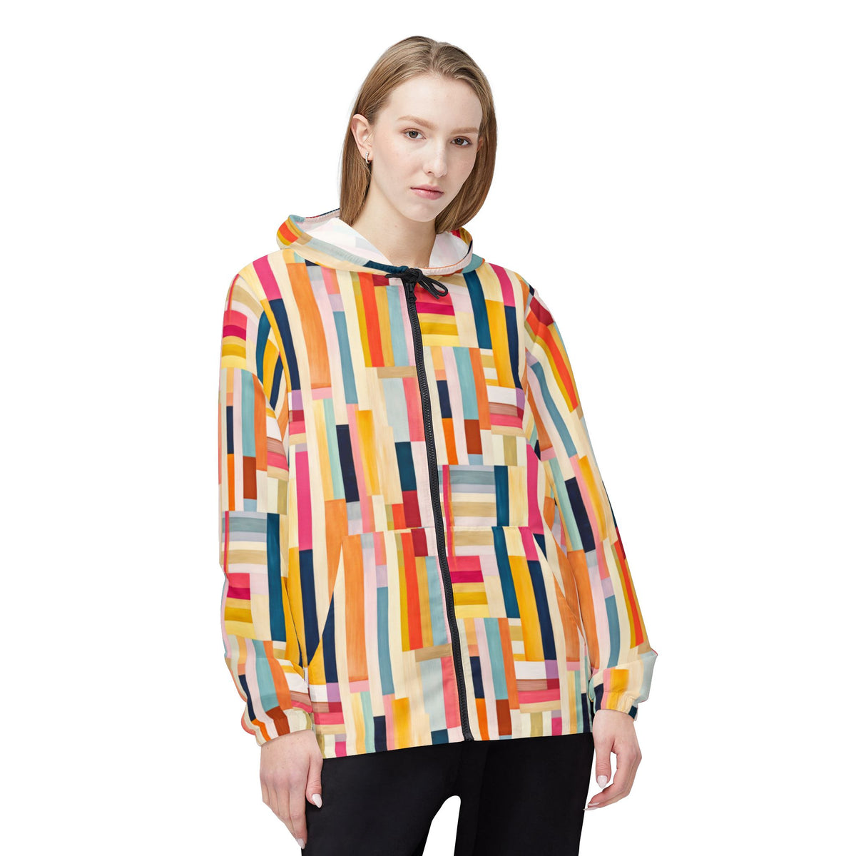 Colorblock Geometric Windbreaker Jacket — Abstract Stripe All-Over Print