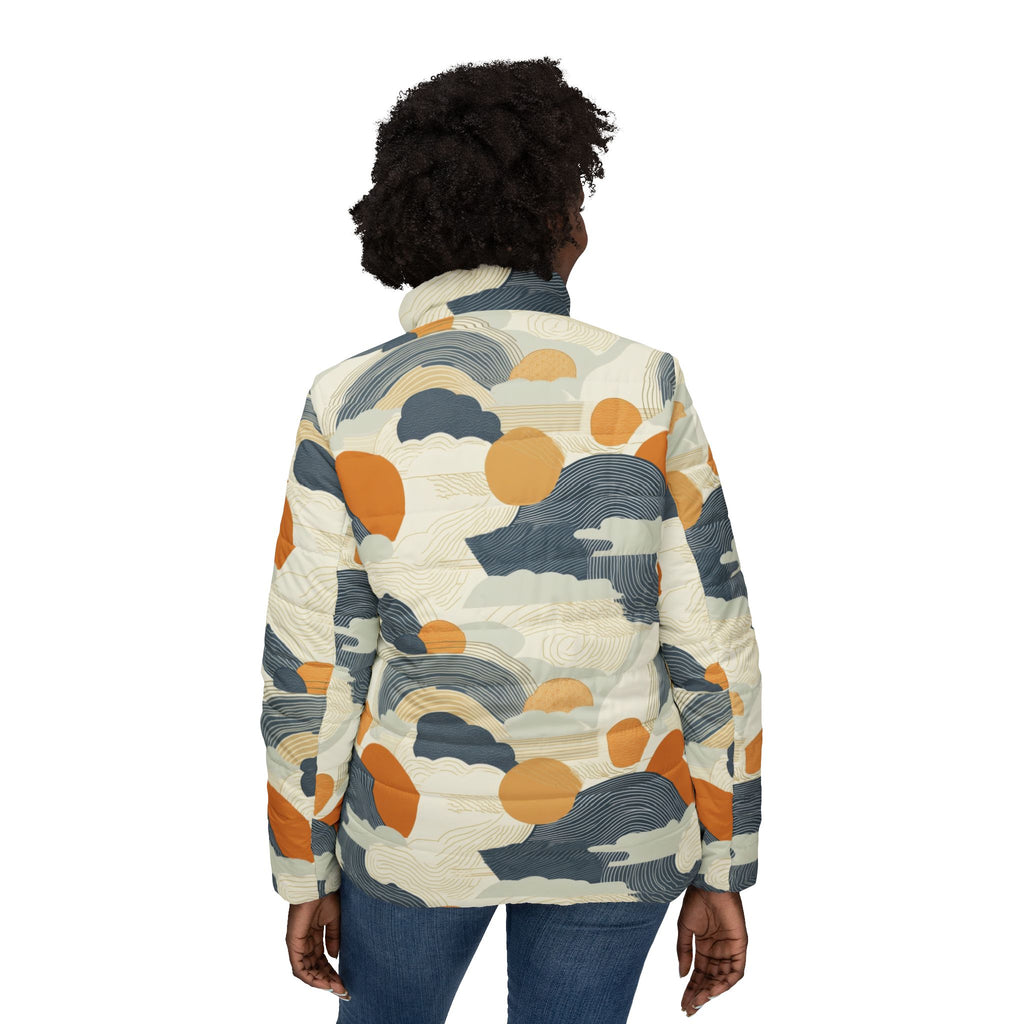 Abstract Cloud and Sun Pattern Puffer Jacket - All-Over Print