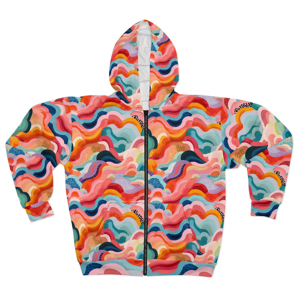 Colorful Wave Zip Hoodie — All-Over Print Abstract Rainbow Hoodie