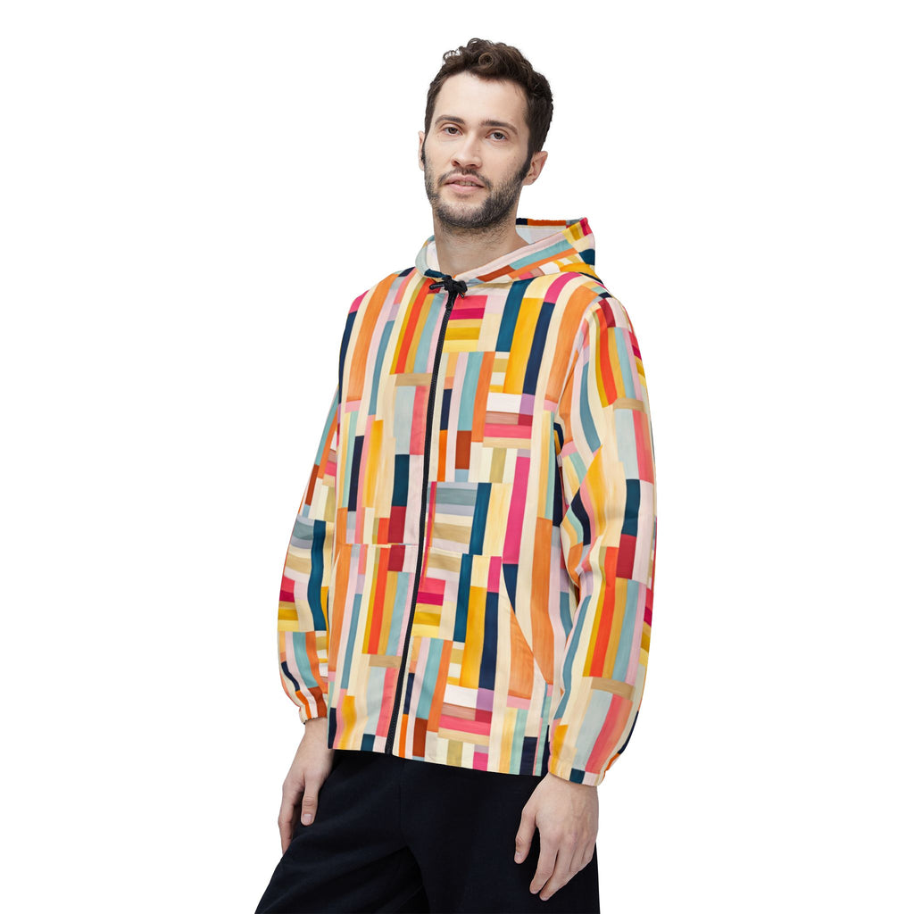 Colorblock Geometric Windbreaker Jacket — Abstract Stripe All-Over Print