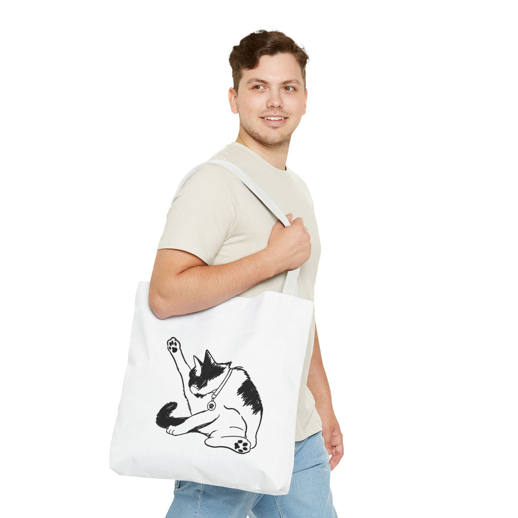 Black and White Stretching Cat Tote Bag | Cat Illustration Tote
