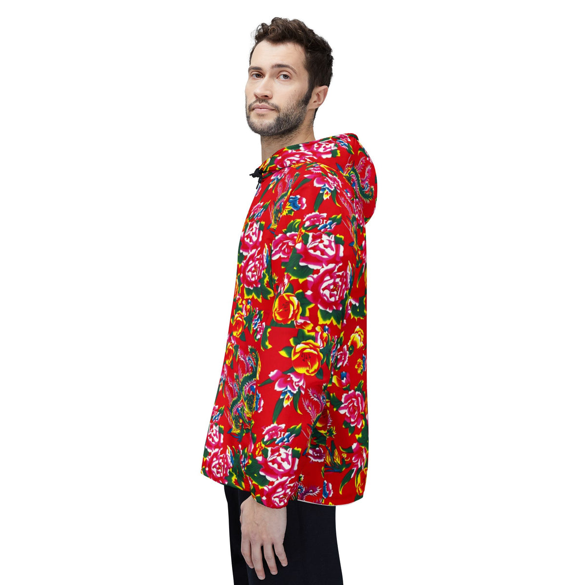 Floral Red All-Over-Print Windbreaker Jacket — Vibrant Garden Print Hooded Windbreaker