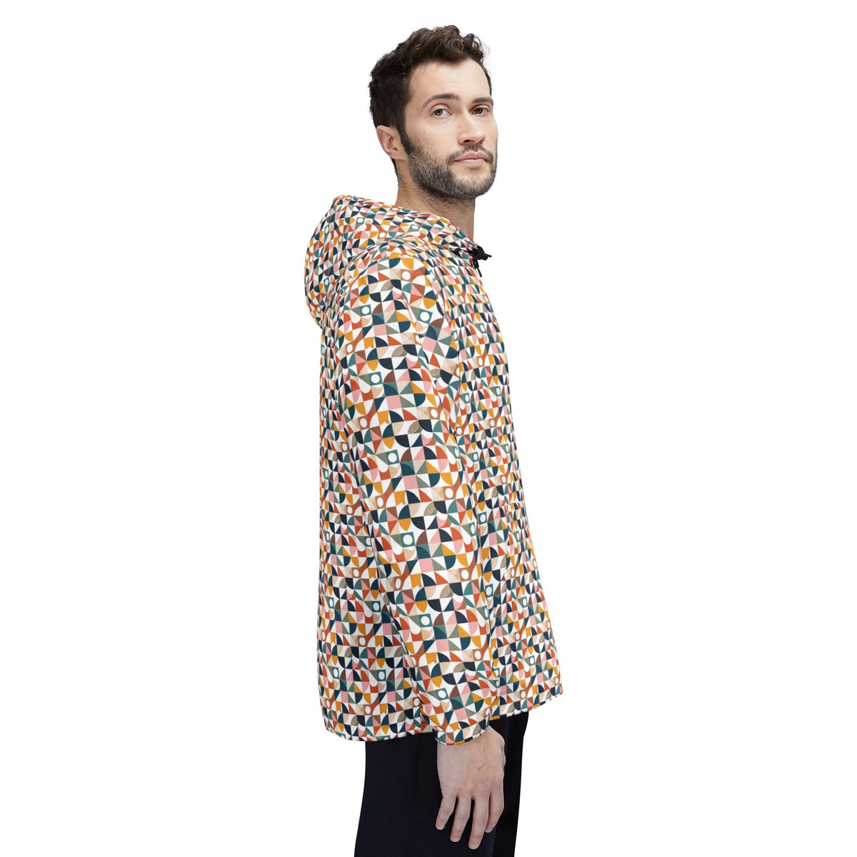 Geometric Mosaic Windbreaker Jacket – Lightweight All-Over Print Hooded Jacket