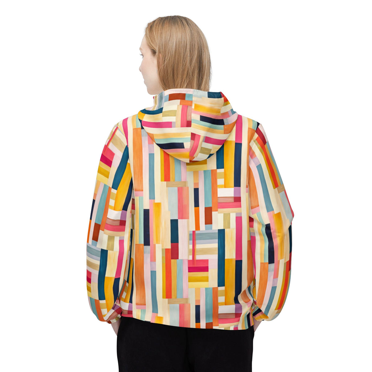 Colorblock Geometric Windbreaker Jacket — Abstract Stripe All-Over Print