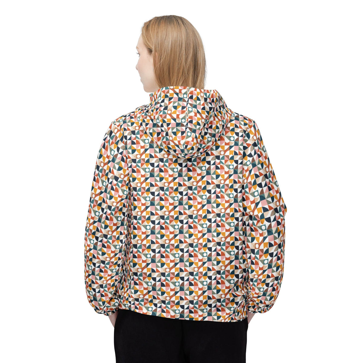 Geometric Mosaic Windbreaker Jacket – Lightweight All-Over Print Hooded Jacket