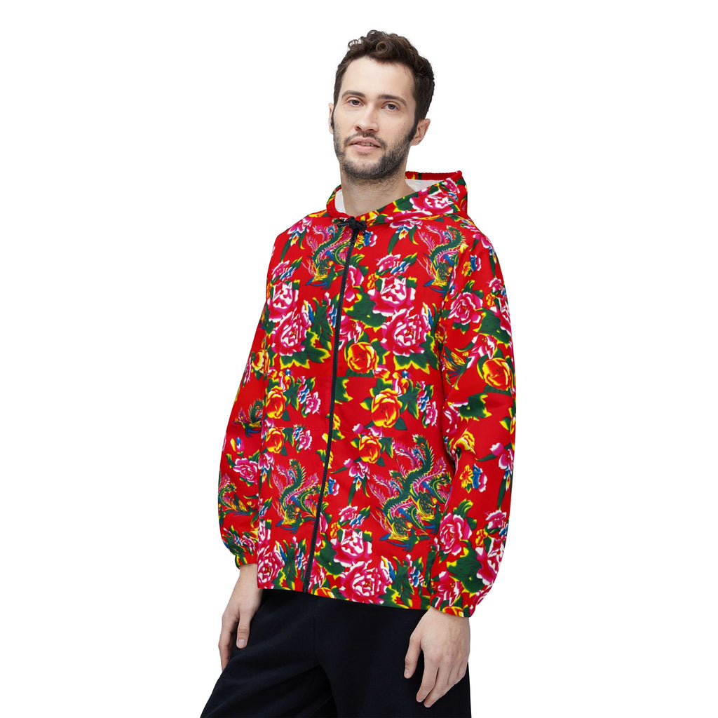 Floral Red All-Over-Print Windbreaker Jacket — Vibrant Garden Print Hooded Windbreaker