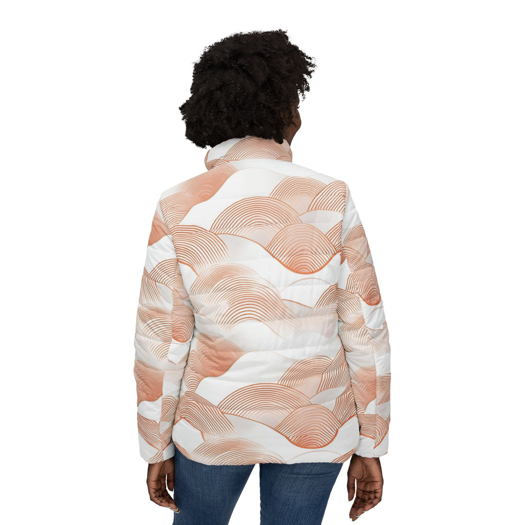 Abstract Peach Wave Pattern Puffer Jacket - All-Over Print