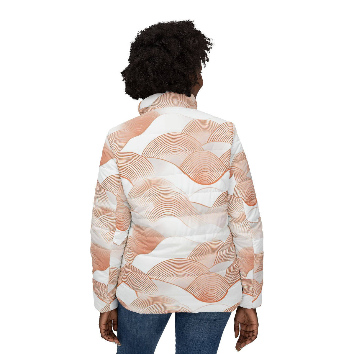 Abstract Peach Wave Pattern Puffer Jacket - All-Over Print
