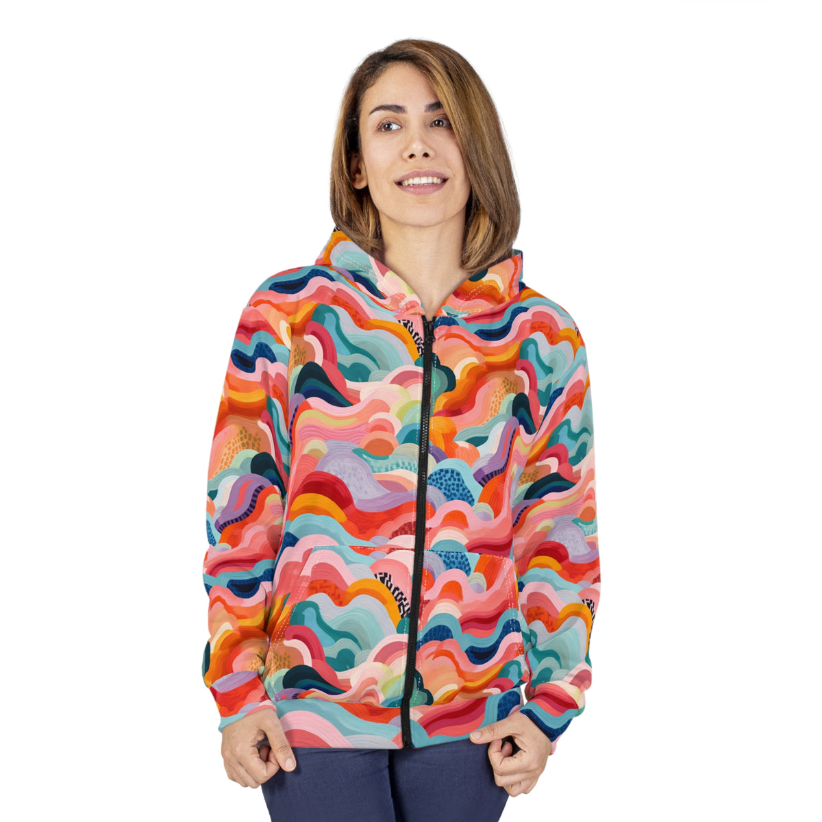 Colorful Wave Zip Hoodie — All-Over Print Abstract Rainbow Hoodie