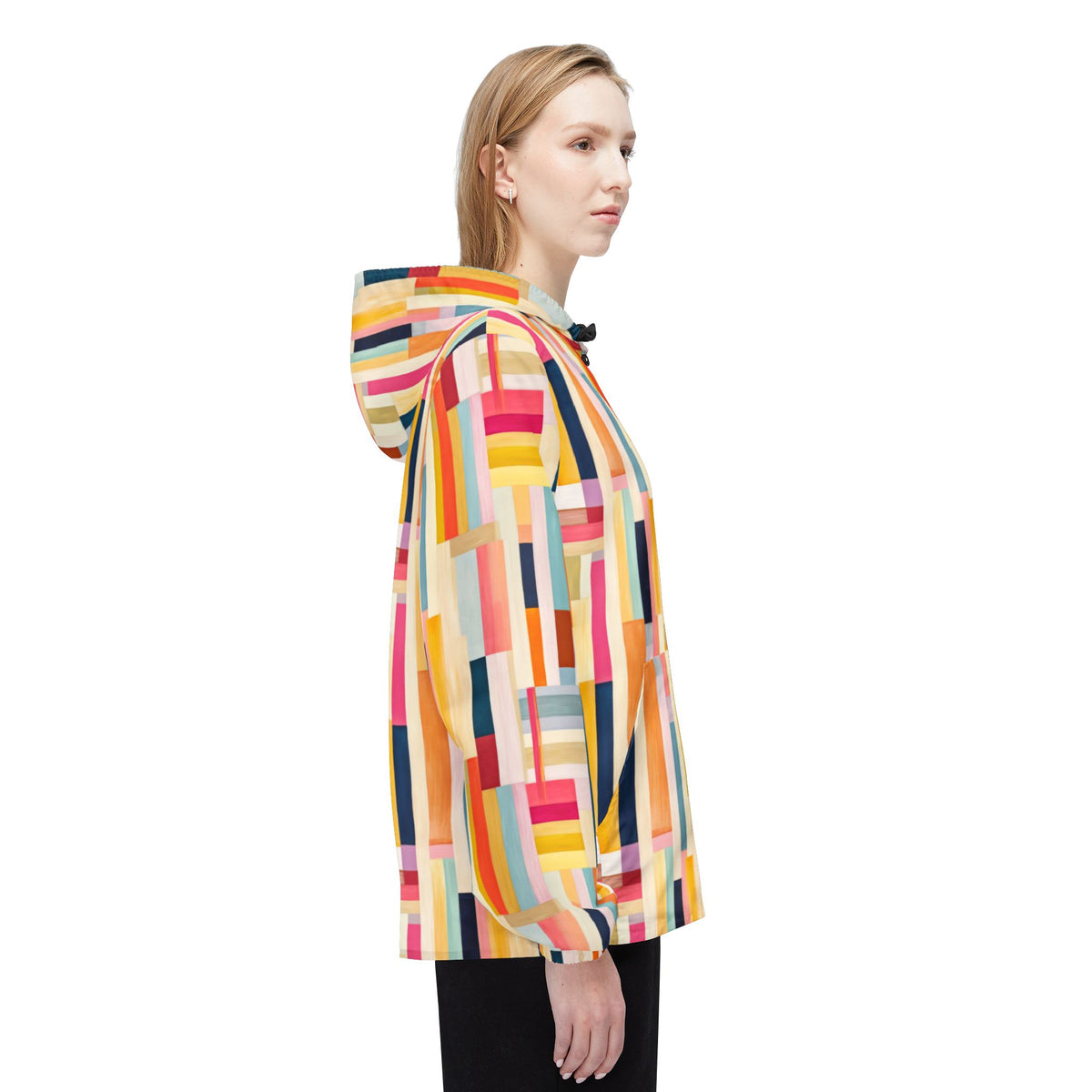 Colorblock Geometric Windbreaker Jacket — Abstract Stripe All-Over Print