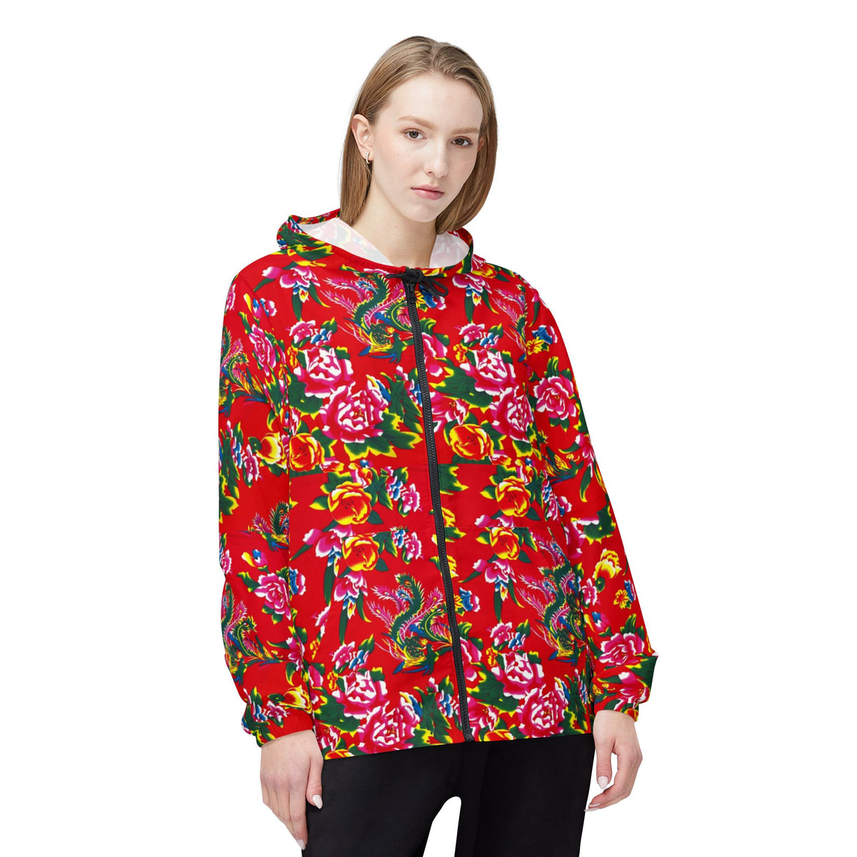 Floral Red All-Over-Print Windbreaker Jacket — Vibrant Garden Print Hooded Windbreaker