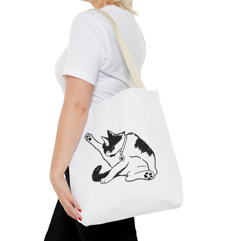 Black and White Stretching Cat Tote Bag | Cat Illustration Tote