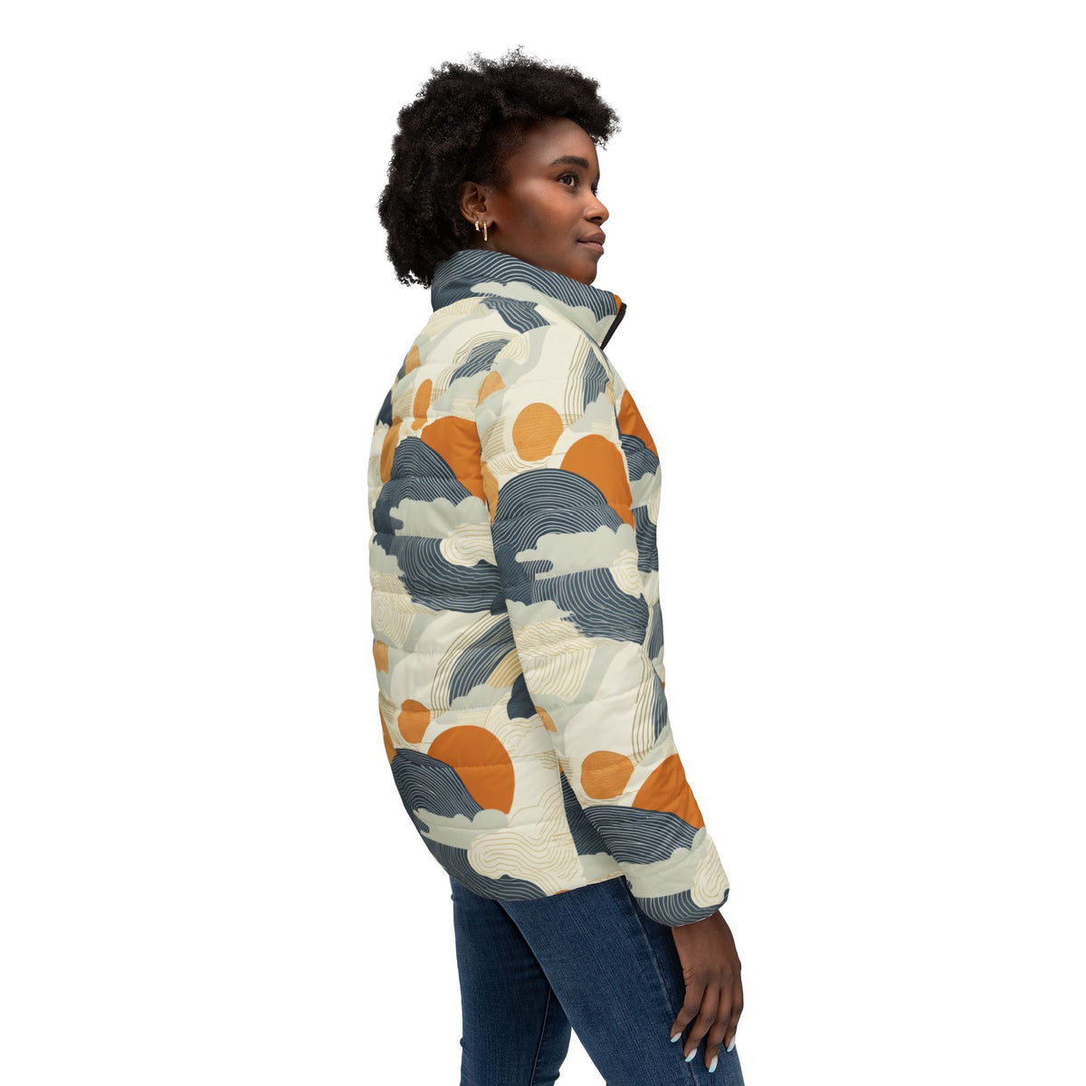 Abstract Cloud and Sun Pattern Puffer Jacket - All-Over Print