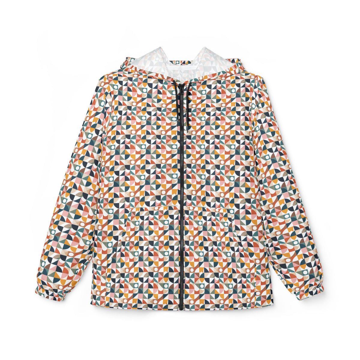 Geometric Mosaic Windbreaker Jacket – Lightweight All-Over Print Hooded Jacket