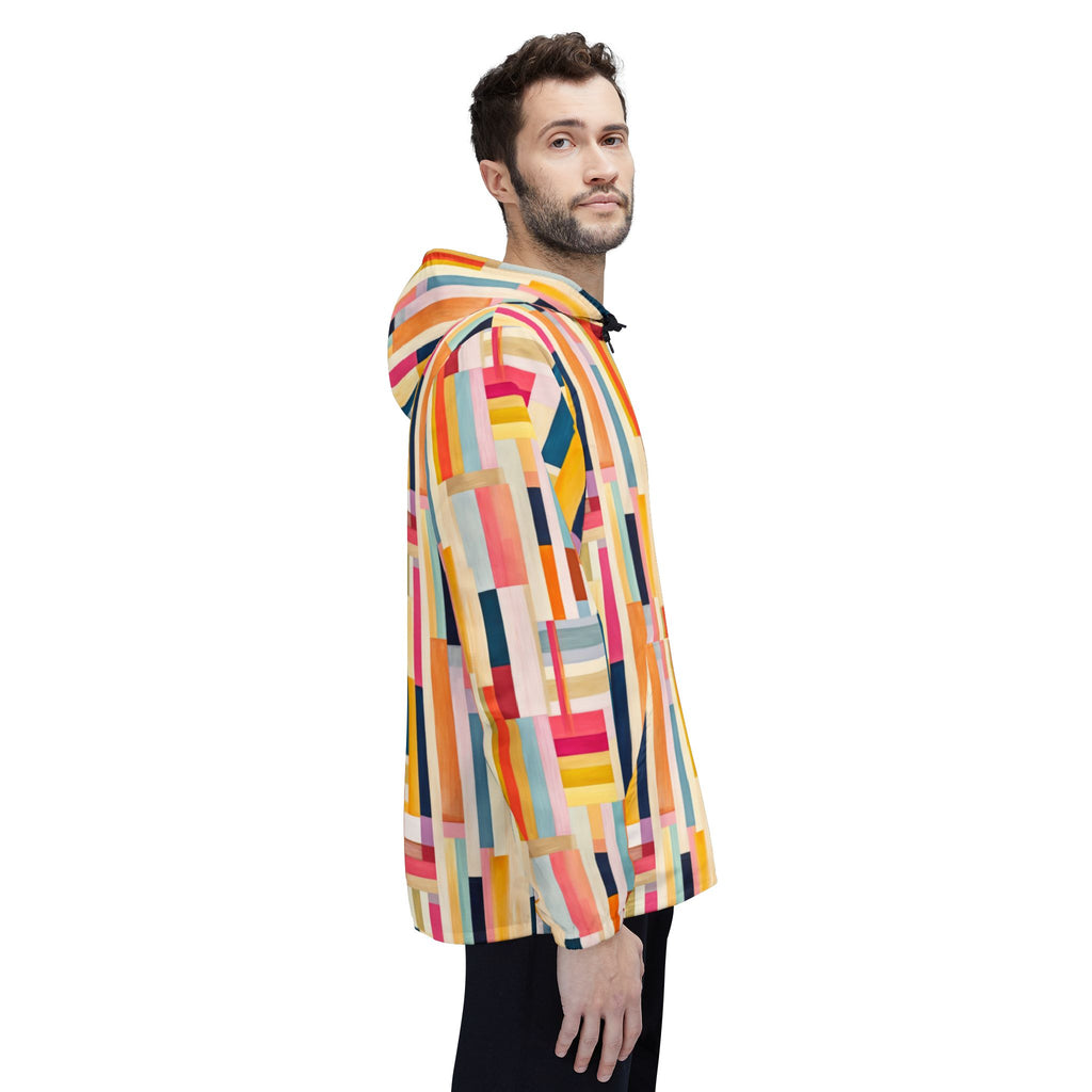 Colorblock Geometric Windbreaker Jacket — Abstract Stripe All-Over Print