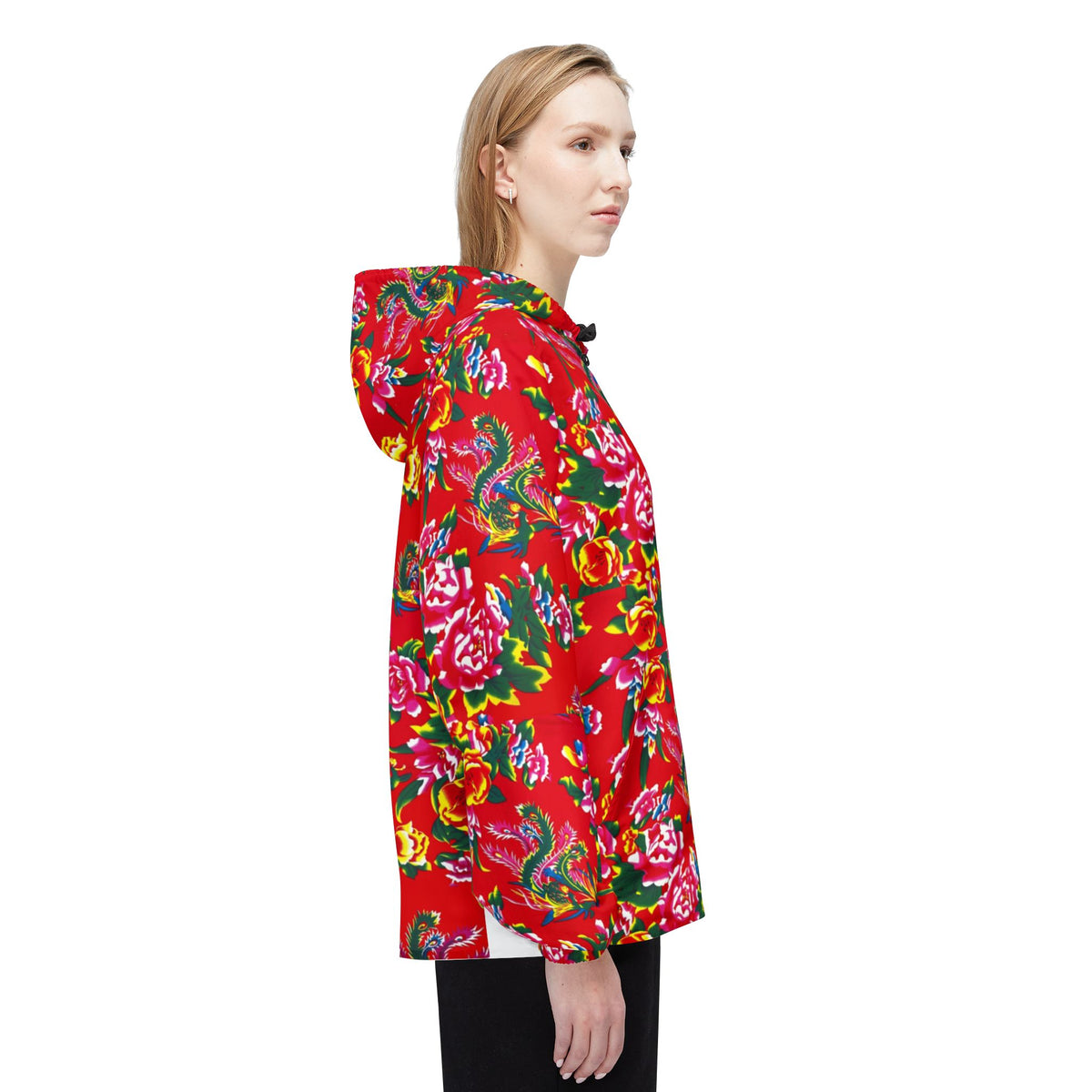 Floral Red All-Over-Print Windbreaker Jacket — Vibrant Garden Print Hooded Windbreaker