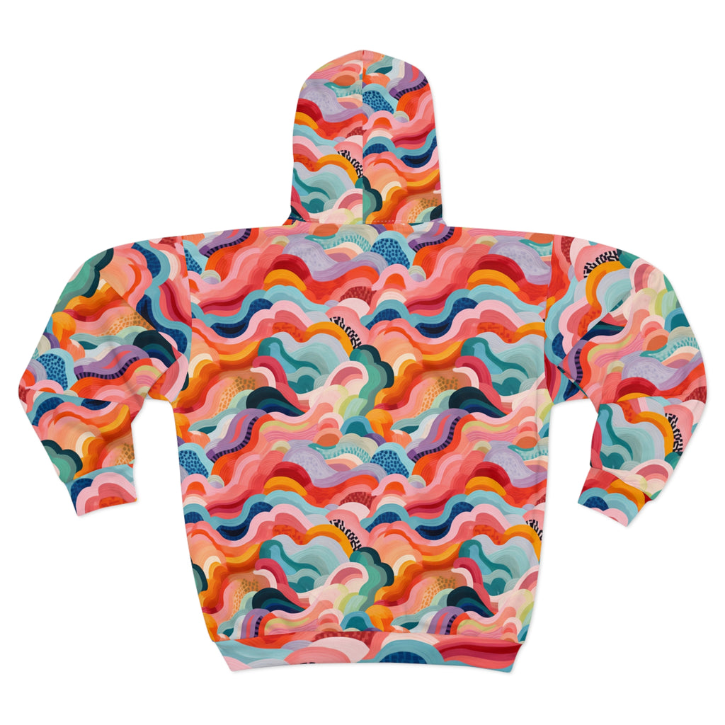 Colorful Wave Zip Hoodie — All-Over Print Abstract Rainbow Hoodie