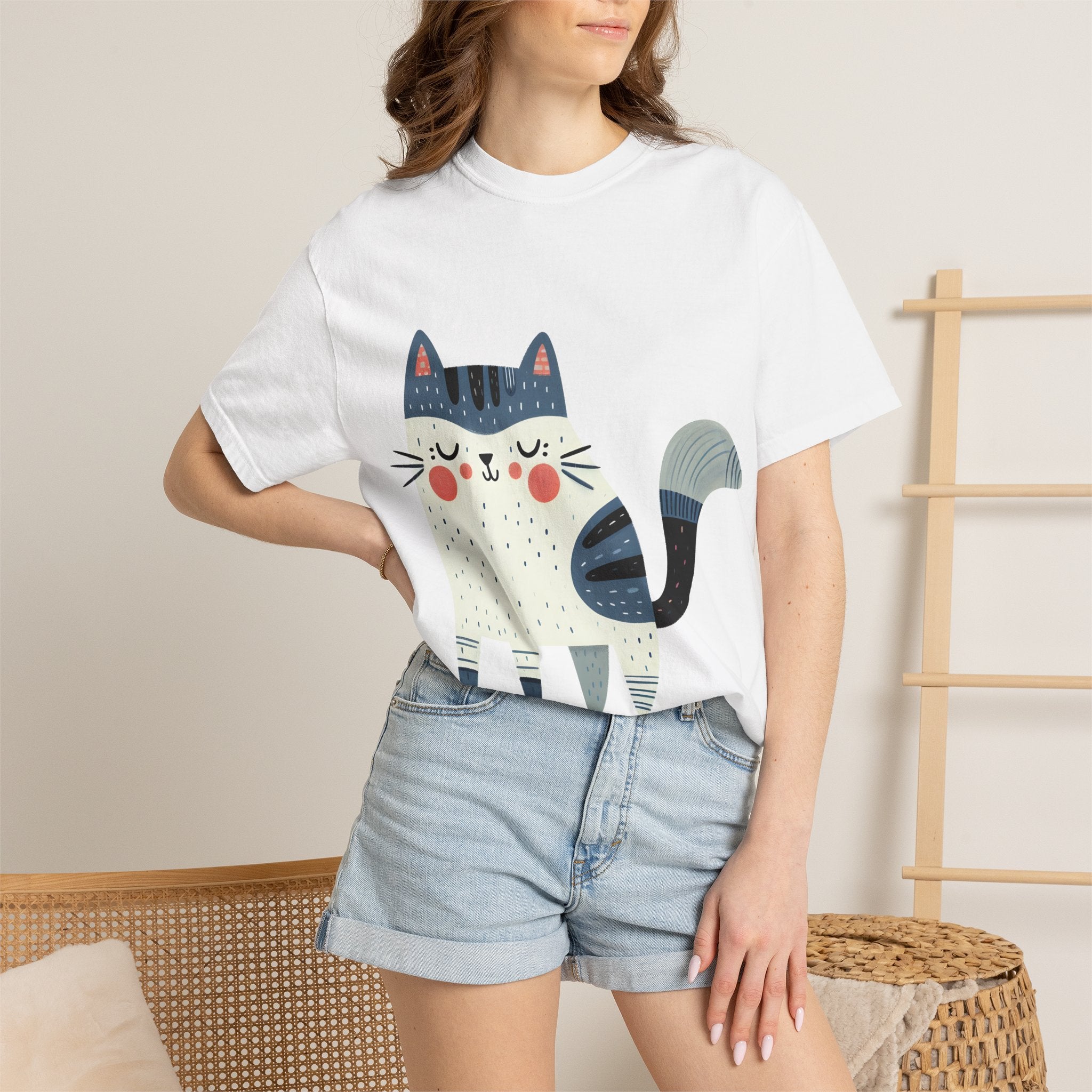 Folk Art Cat Graphic T-Shirt – American Hand-Drawn Art - 005