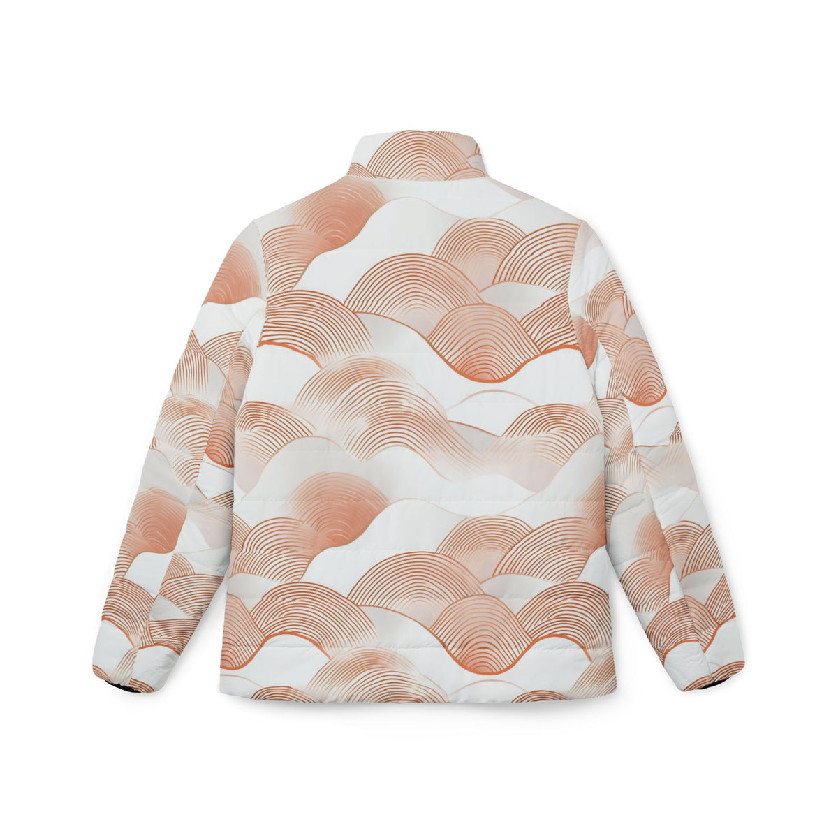 Abstract Peach Wave Pattern Puffer Jacket - All-Over Print