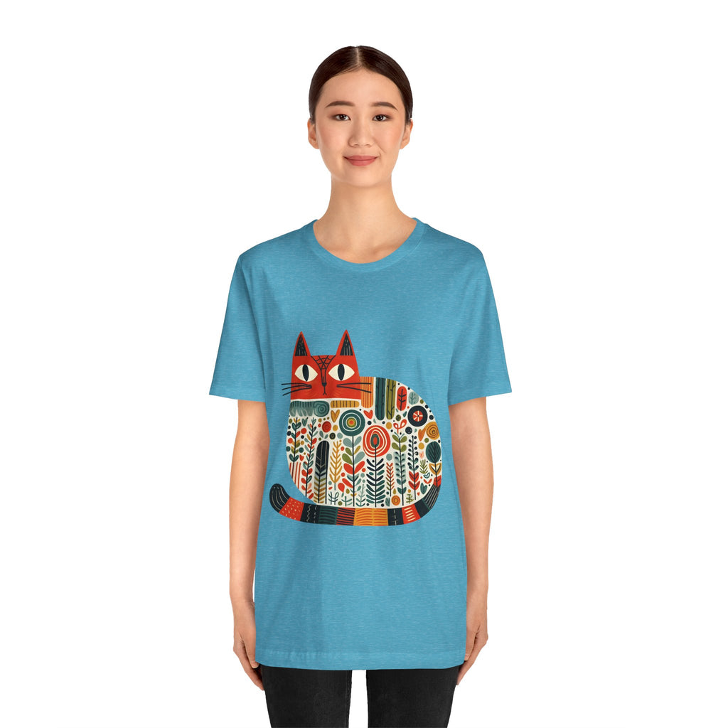 Folk Art Cat Graphic T-Shirt – American Hand-Drawn Art - 002