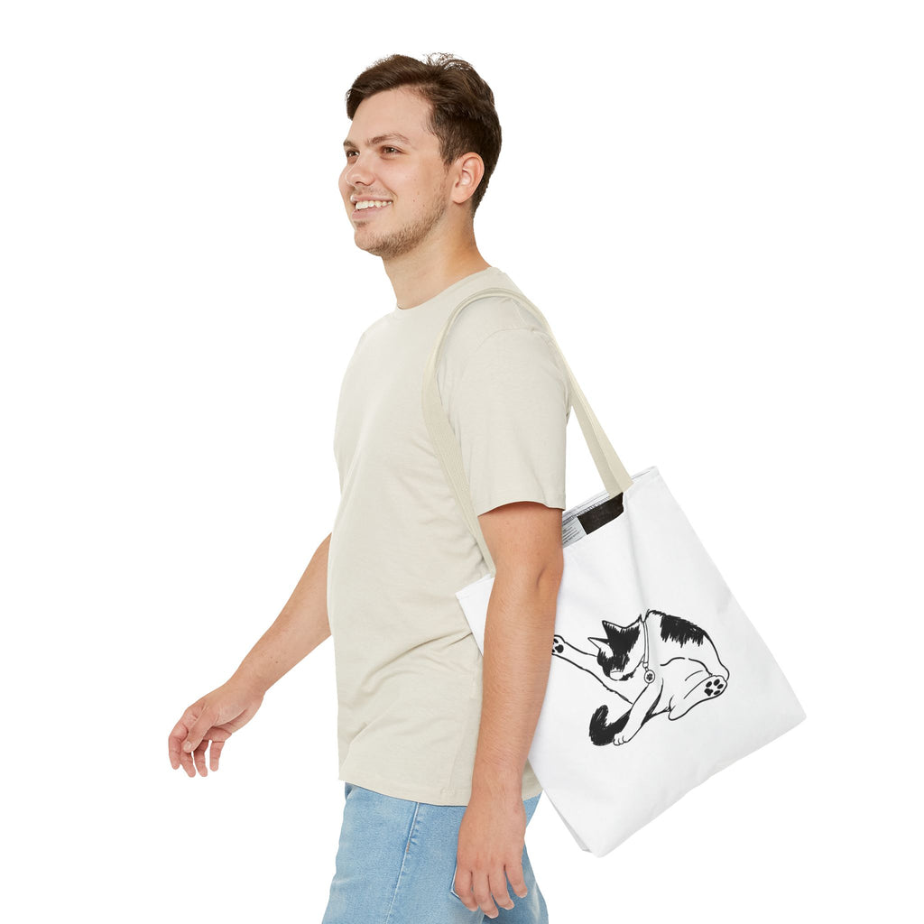 Black and White Stretching Cat Tote Bag | Cat Illustration Tote