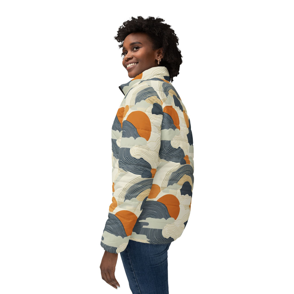 Abstract Cloud and Sun Pattern Puffer Jacket - All-Over Print