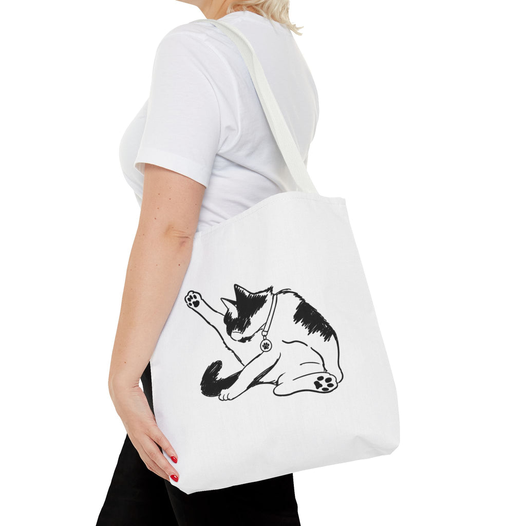 Black and White Stretching Cat Tote Bag | Cat Illustration Tote