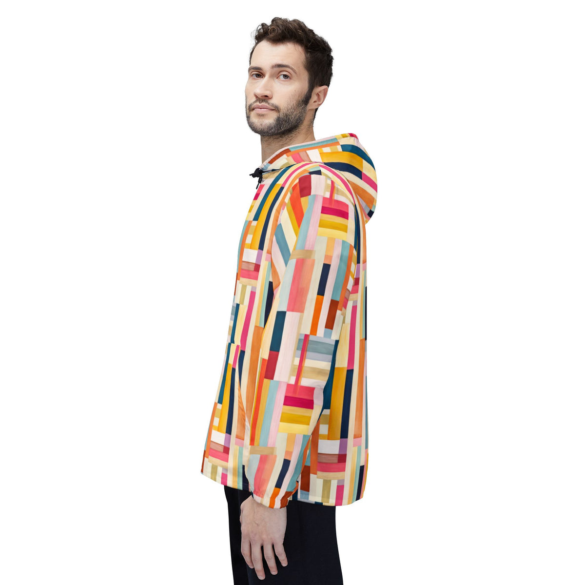 Colorblock Geometric Windbreaker Jacket — Abstract Stripe All-Over Print