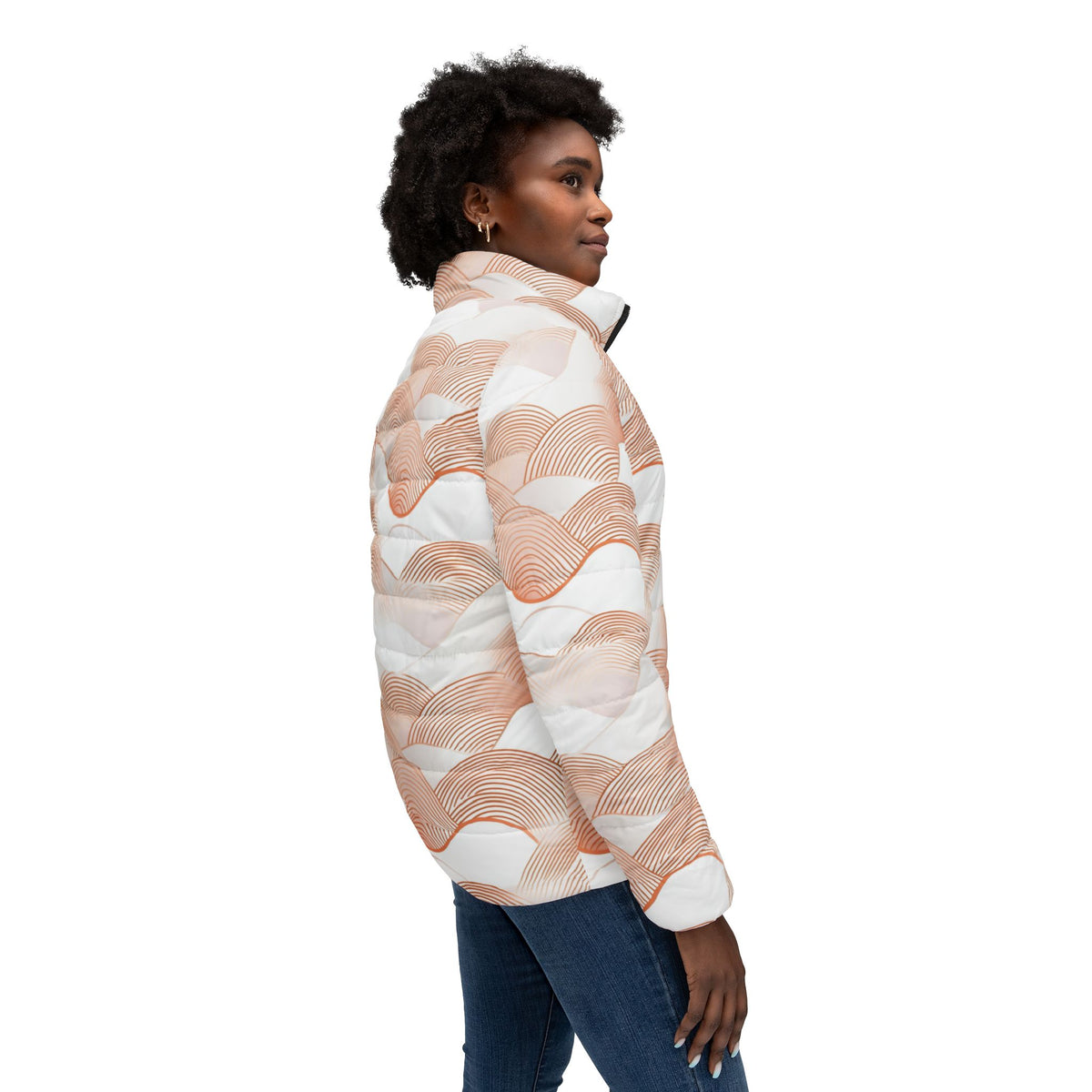 Abstract Peach Wave Pattern Puffer Jacket - All-Over Print