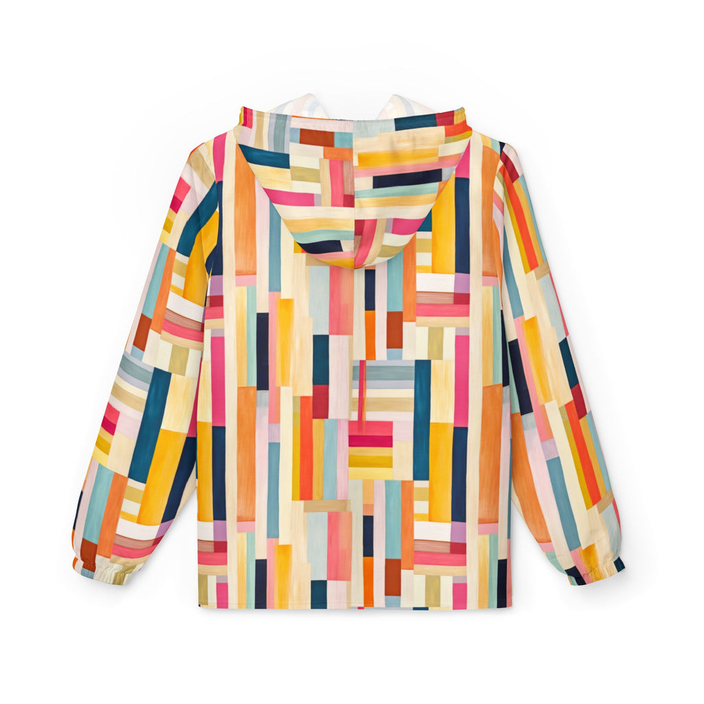 Colorblock Geometric Windbreaker Jacket — Abstract Stripe All-Over Print