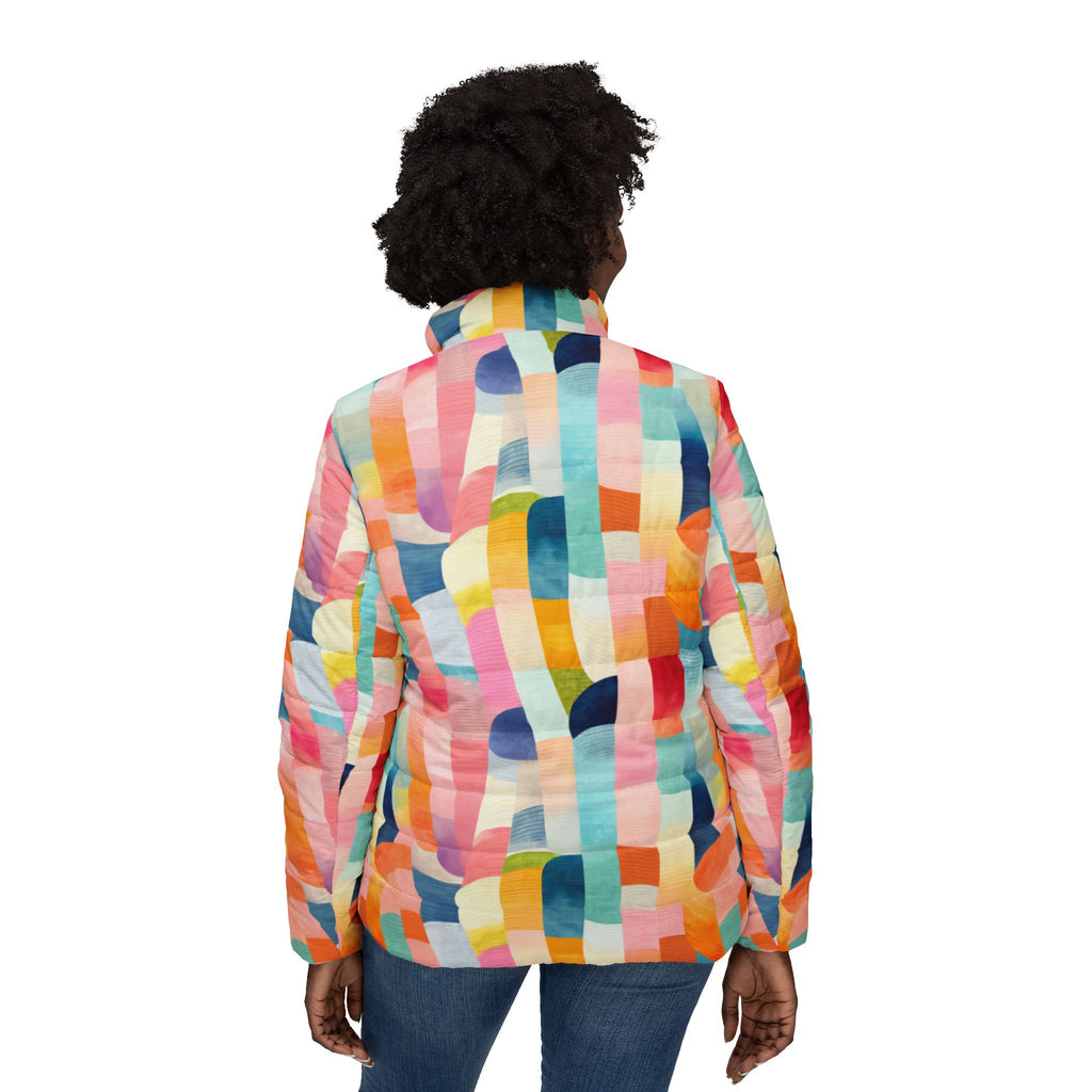 Colorful Abstract Patchwork All-Over Print Puffer Jacket