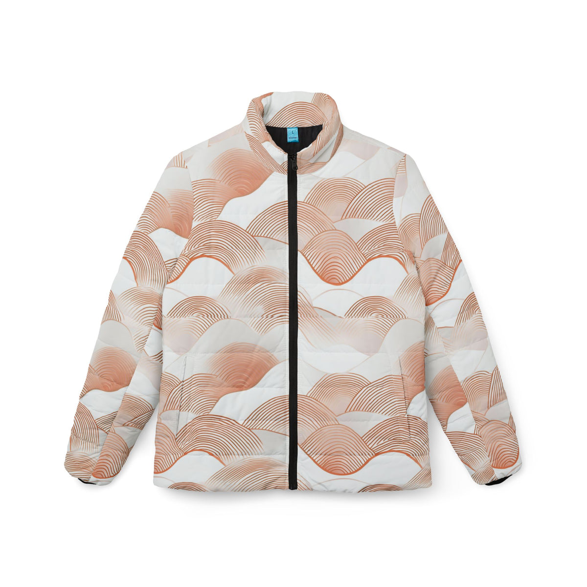 Abstract Peach Wave Pattern Puffer Jacket - All-Over Print