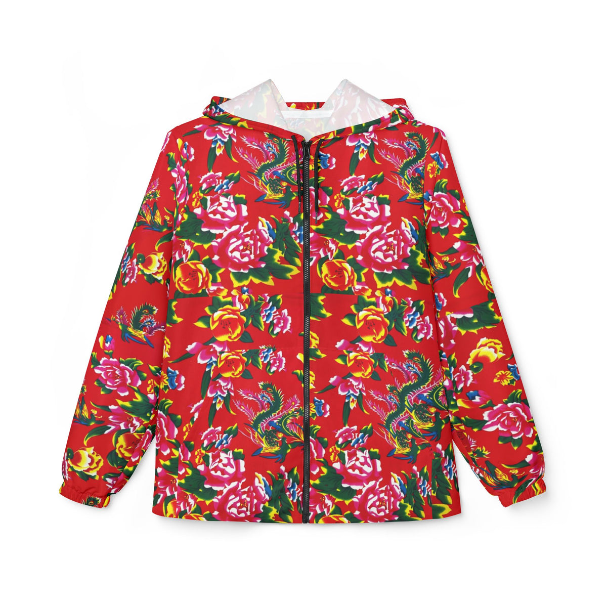 Floral Red All-Over-Print Windbreaker Jacket — Vibrant Garden Print Hooded Windbreaker