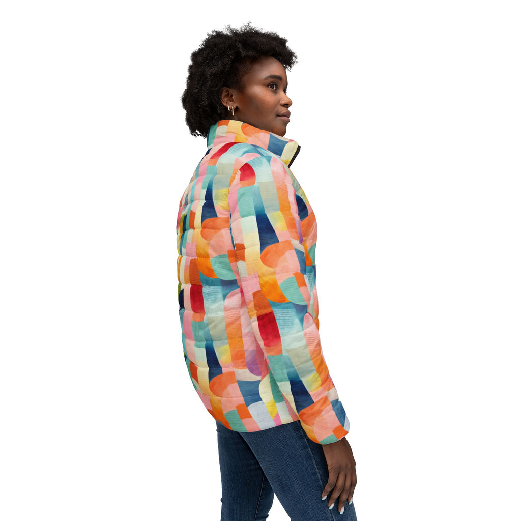Colorful Abstract Patchwork All-Over Print Puffer Jacket