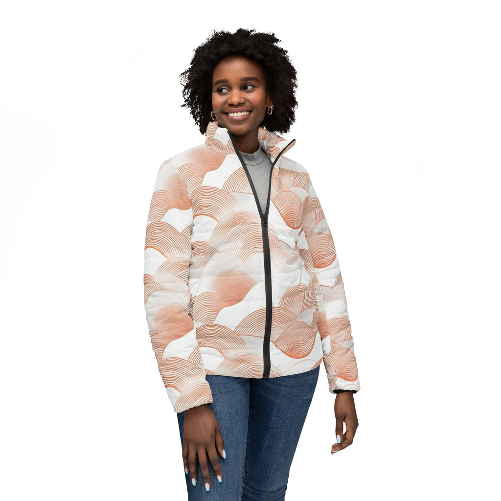 Abstract Peach Wave Pattern Puffer Jacket - All-Over Print