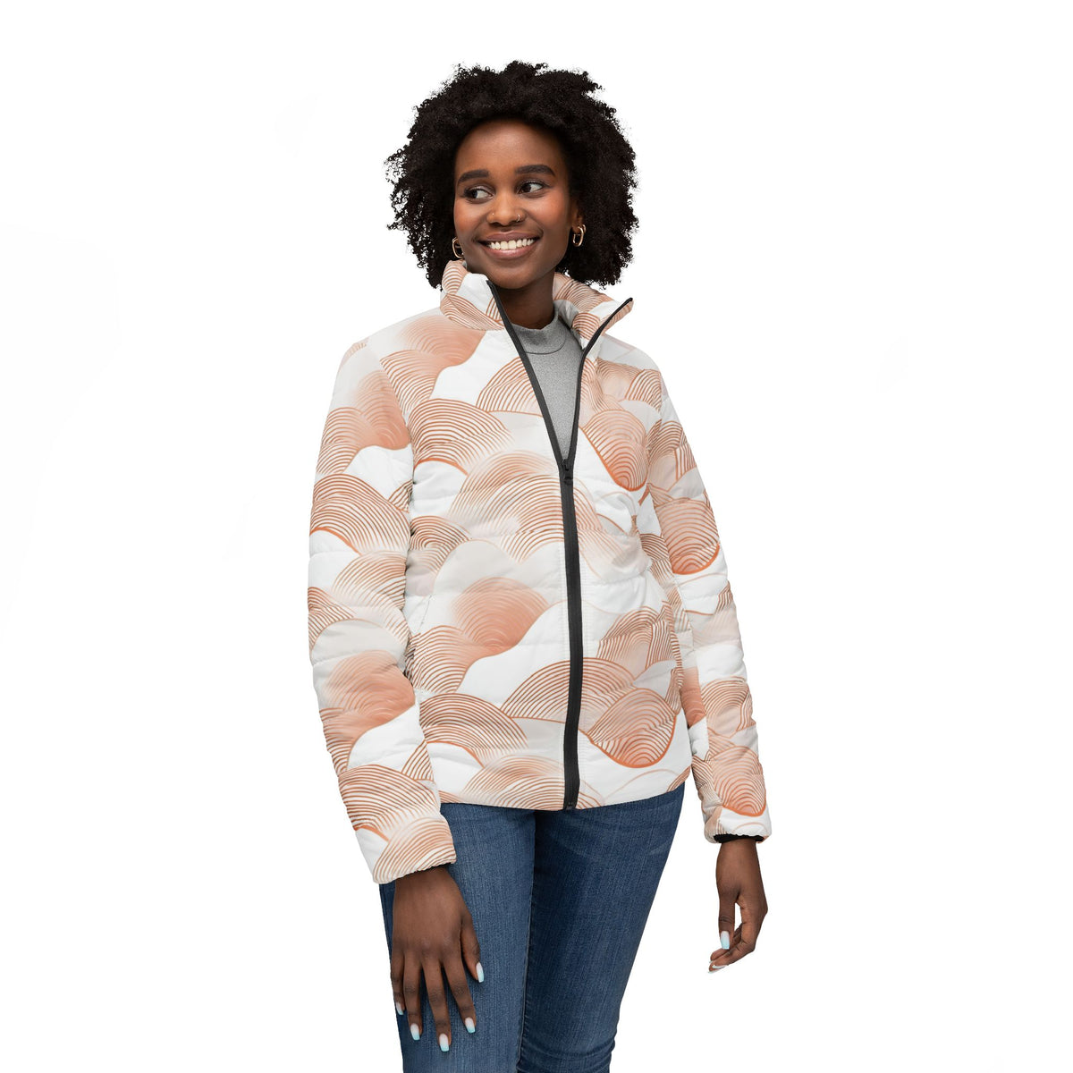 Abstract Peach Wave Pattern Puffer Jacket - All-Over Print