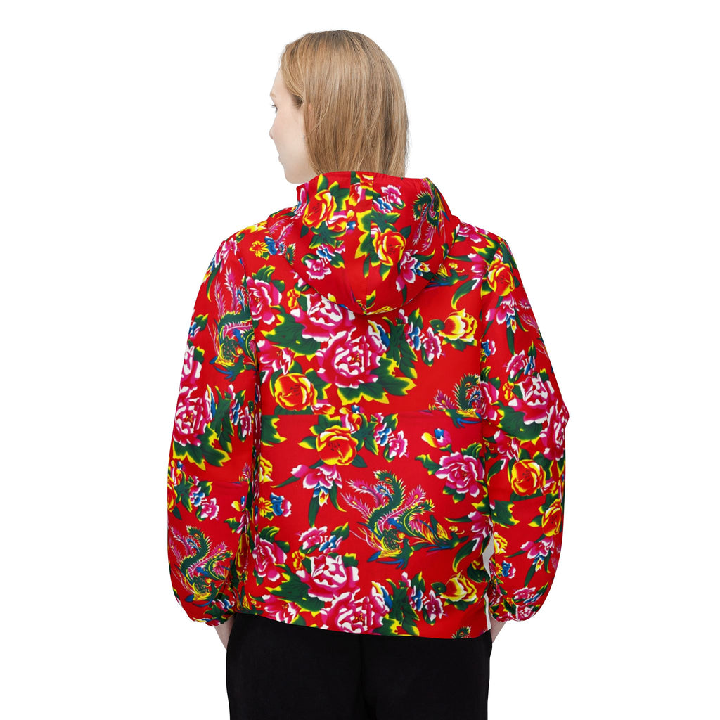 Floral Red All-Over-Print Windbreaker Jacket — Vibrant Garden Print Hooded Windbreaker