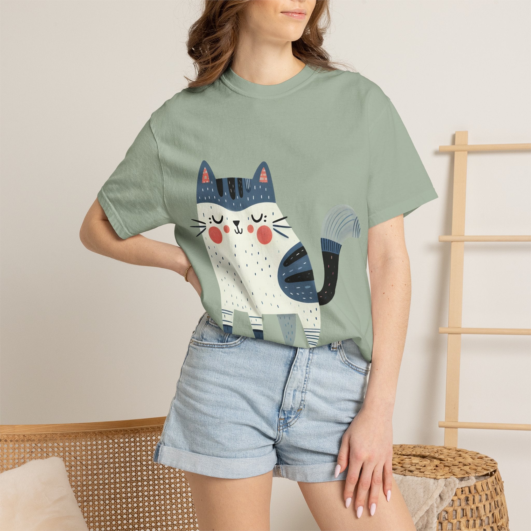 Folk Art Cat Graphic T-Shirt – American Hand-Drawn Art - 005