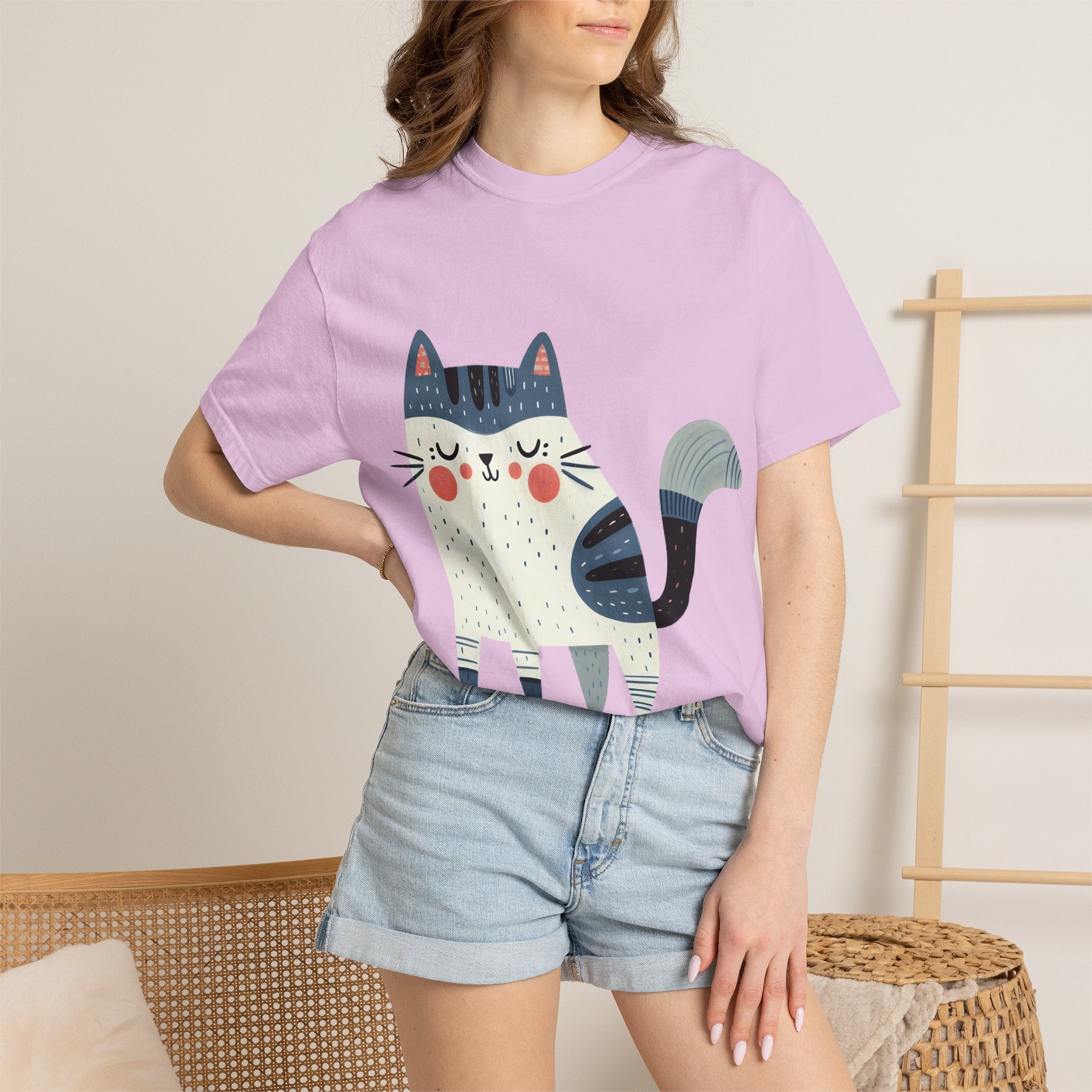 Folk Art Cat Graphic T-Shirt – American Hand-Drawn Art - 005