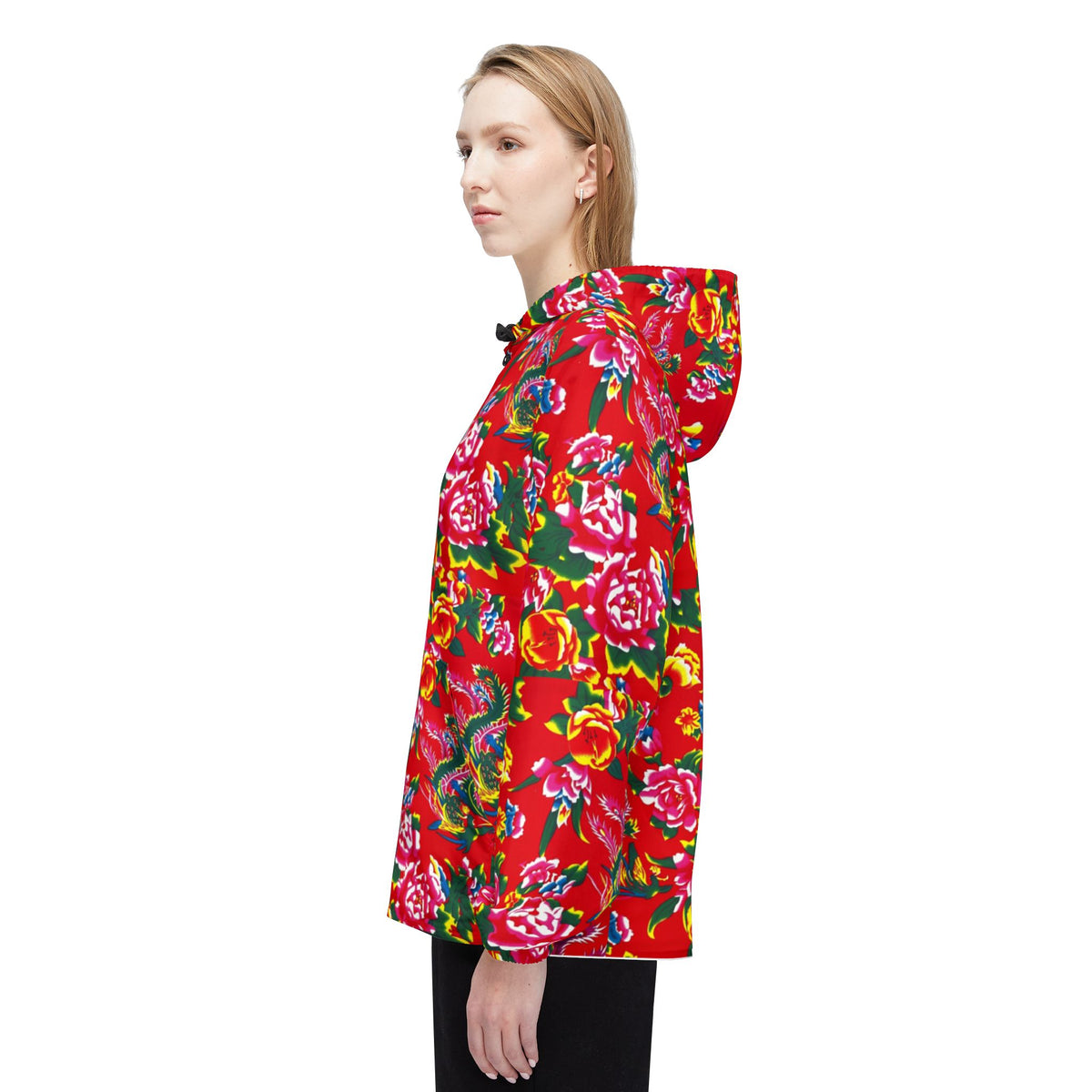 Floral Red All-Over-Print Windbreaker Jacket — Vibrant Garden Print Hooded Windbreaker