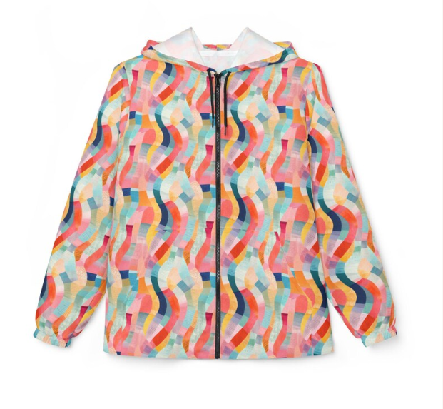 Colorwave Abstract Windbreaker Jacket — Lightweight Hooded Packable Jacket