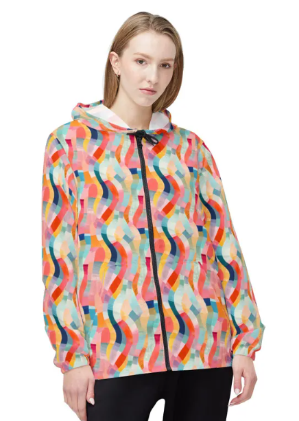 Colorwave Abstract Windbreaker Jacket — Lightweight Hooded Packable Jacket